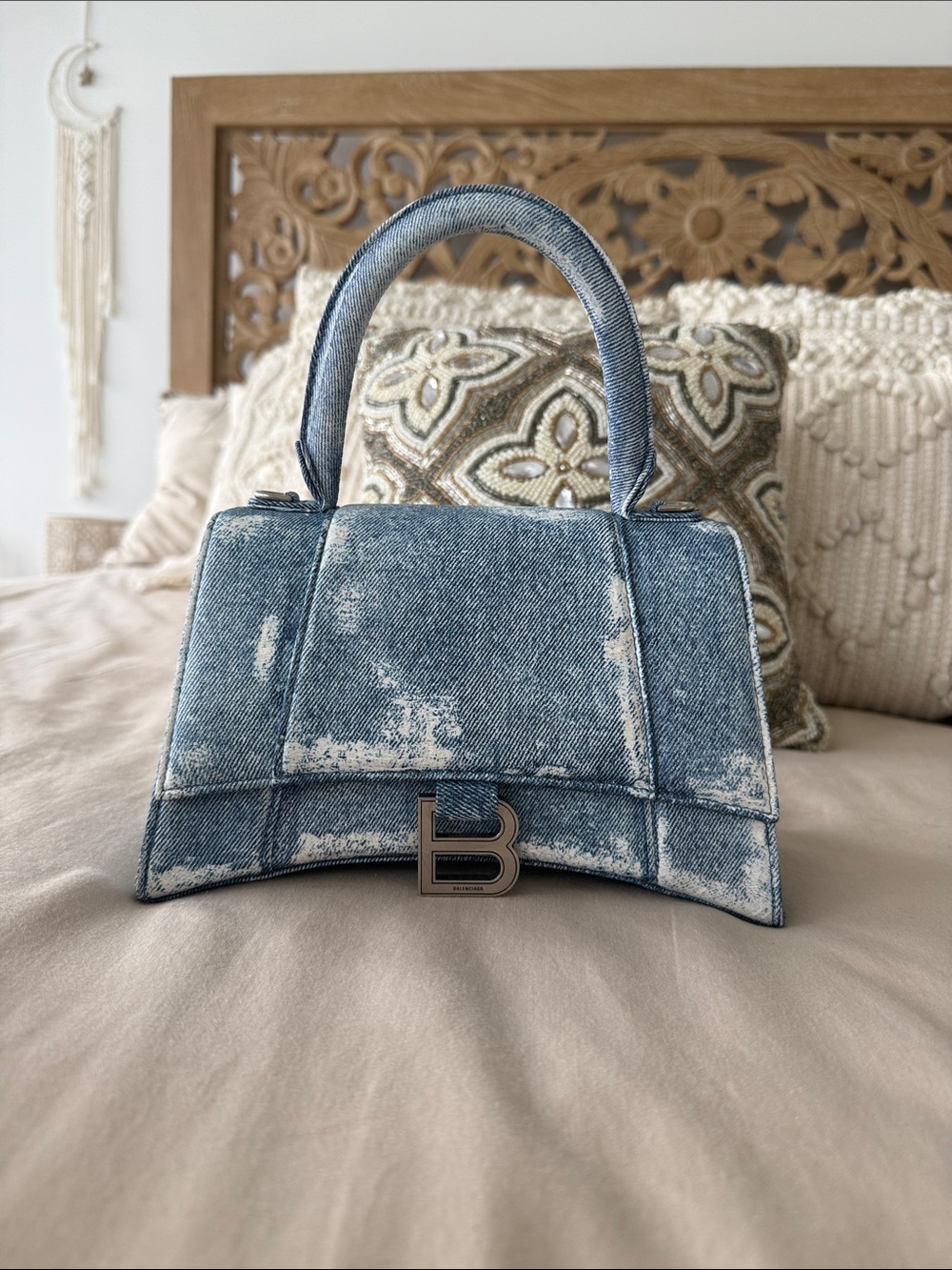 Balenciaga Distressed Blue Denim Hourglass Top-Handle Bag